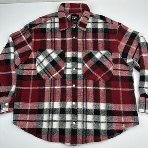 Zara Men's Red Plaid Outdoor Thick Winter Fleece Wool Oversized Shacket XL/C50